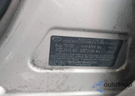 2006 Hyundai Sonata Gls V6/Lx V6 z USA, uszkodzony, nr VIN 5NPEU46F96H023141